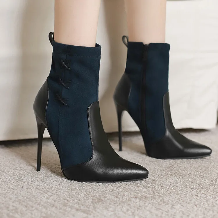 Women's Patchwork Pointed Toe Thin Heel Short Boots