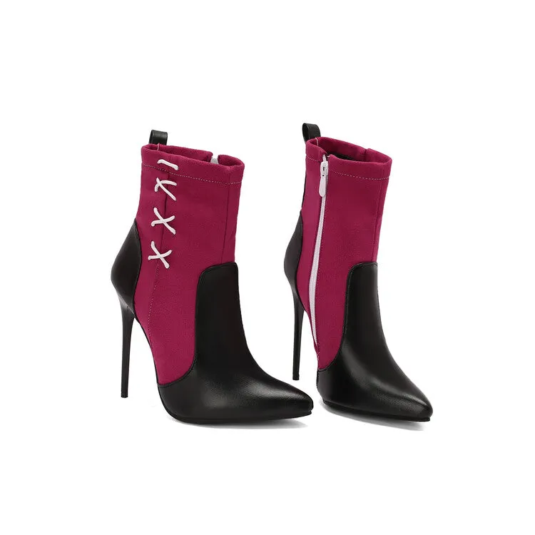 Women's Patchwork Pointed Toe Thin Heel Short Boots