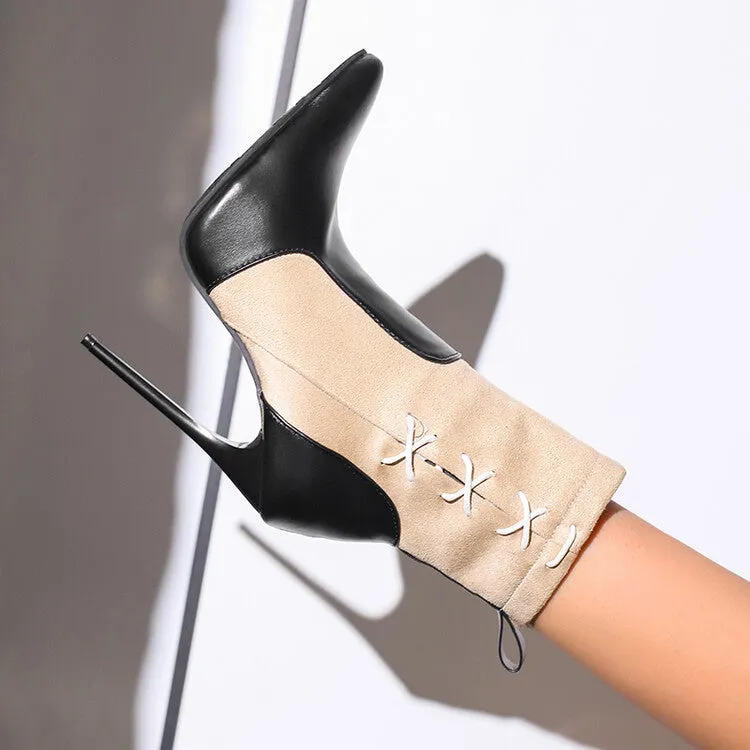 Women's Patchwork Pointed Toe Thin Heel Short Boots