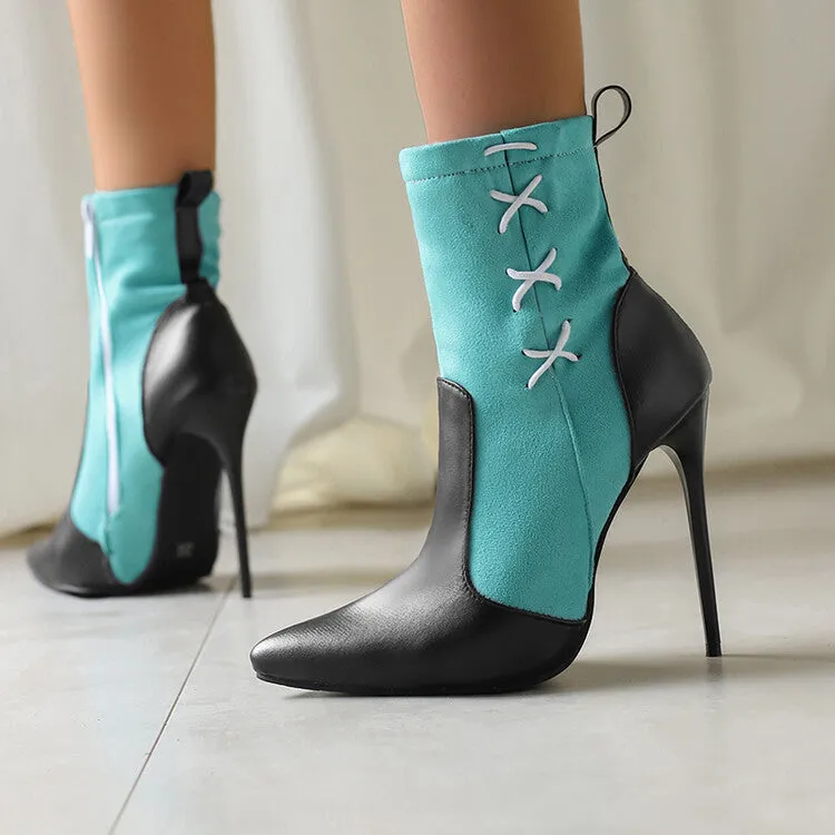 Women's Patchwork Pointed Toe Thin Heel Short Boots