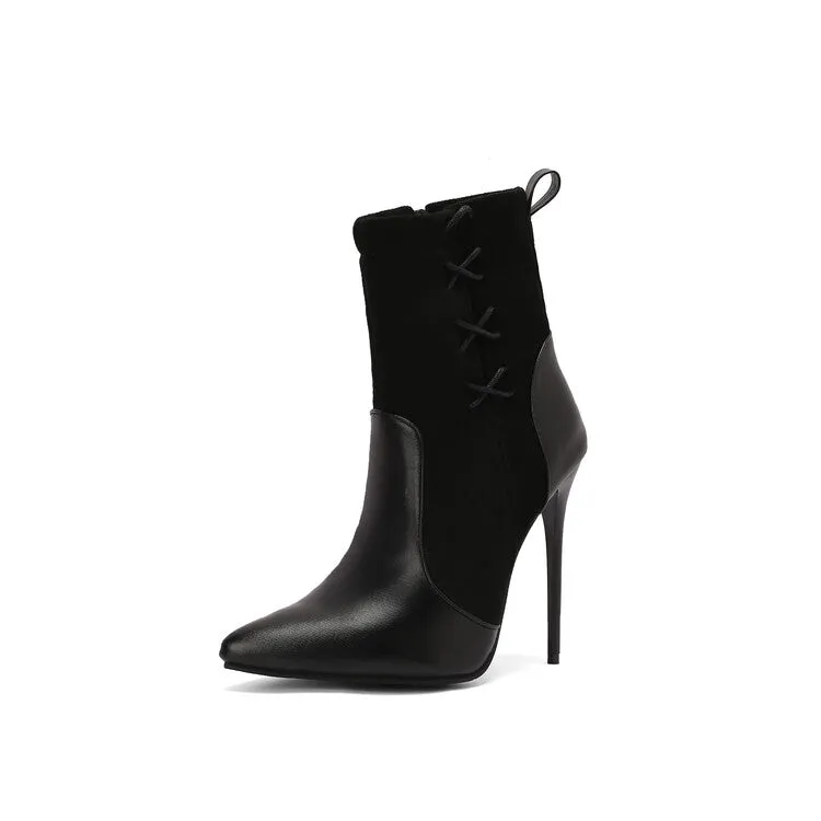 Women's Patchwork Pointed Toe Thin Heel Short Boots