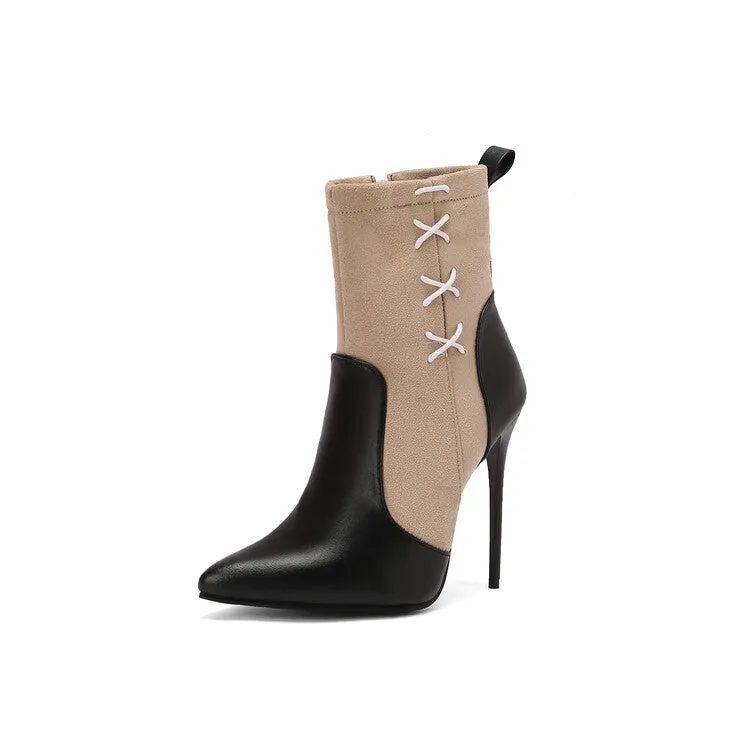 Women's Patchwork Pointed Toe Thin Heel Short Boots