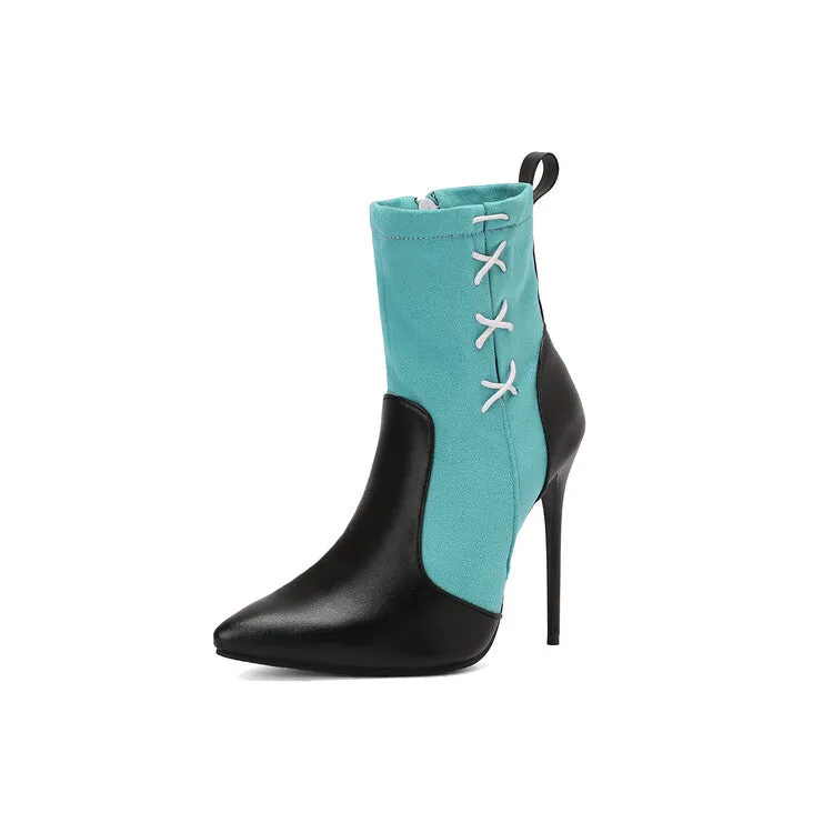 Women's Patchwork Pointed Toe Thin Heel Short Boots