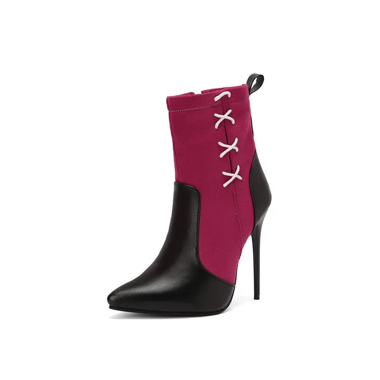 Women's Patchwork Pointed Toe Thin Heel Short Boots