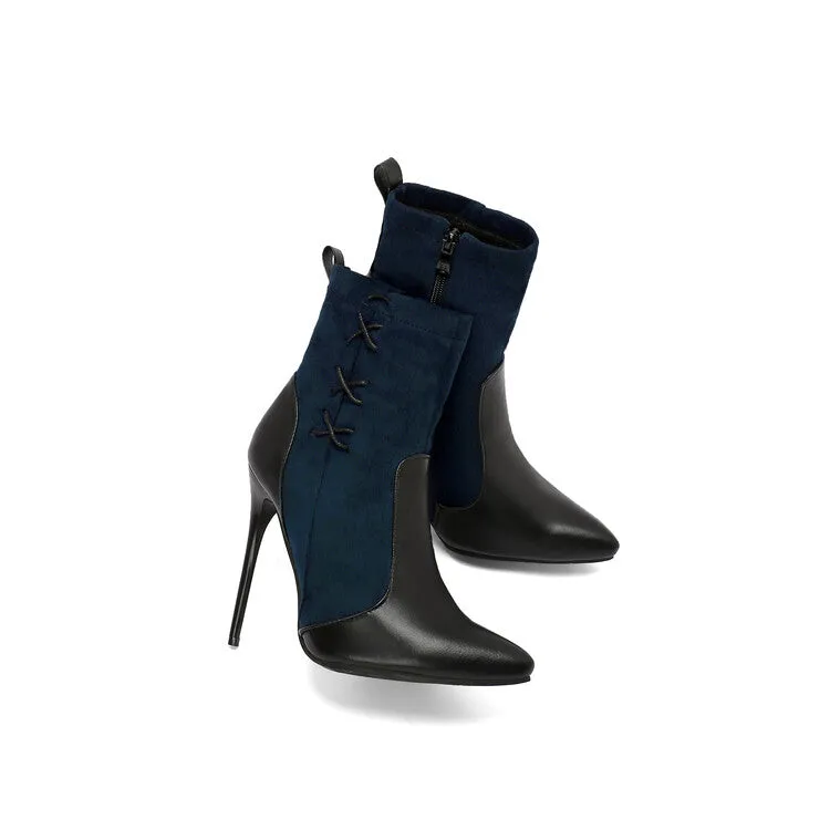 Women's Patchwork Pointed Toe Thin Heel Short Boots