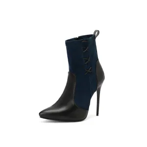 Women's Patchwork Pointed Toe Thin Heel Short Boots
