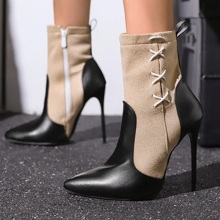 Women's Patchwork Pointed Toe Thin Heel Short Boots