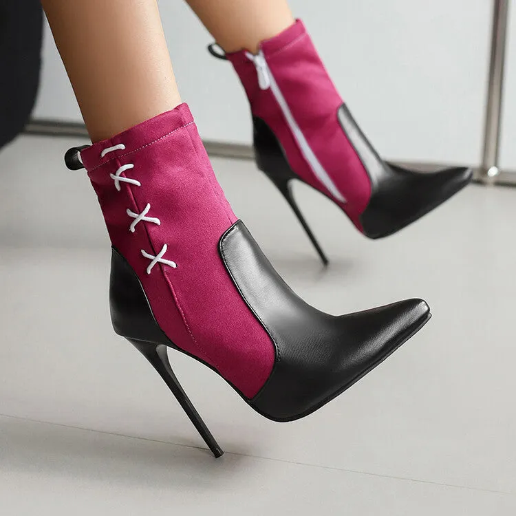 Women's Patchwork Pointed Toe Thin Heel Short Boots