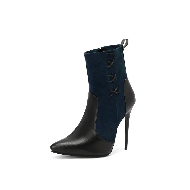 Women's Patchwork Pointed Toe Thin Heel Short Boots