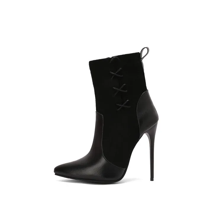 Women's Patchwork Pointed Toe Thin Heel Short Boots