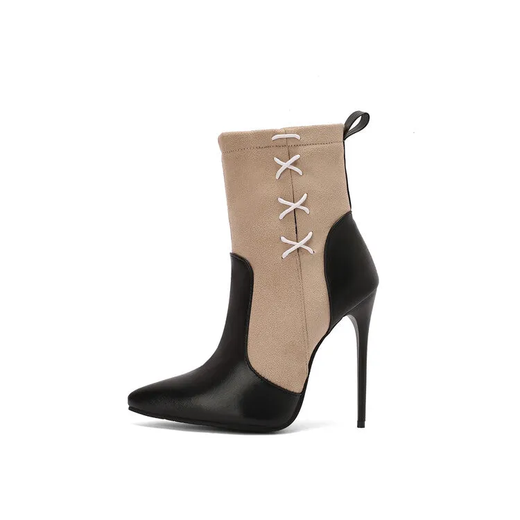 Women's Patchwork Pointed Toe Thin Heel Short Boots