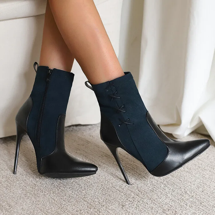 Women's Patchwork Pointed Toe Thin Heel Short Boots
