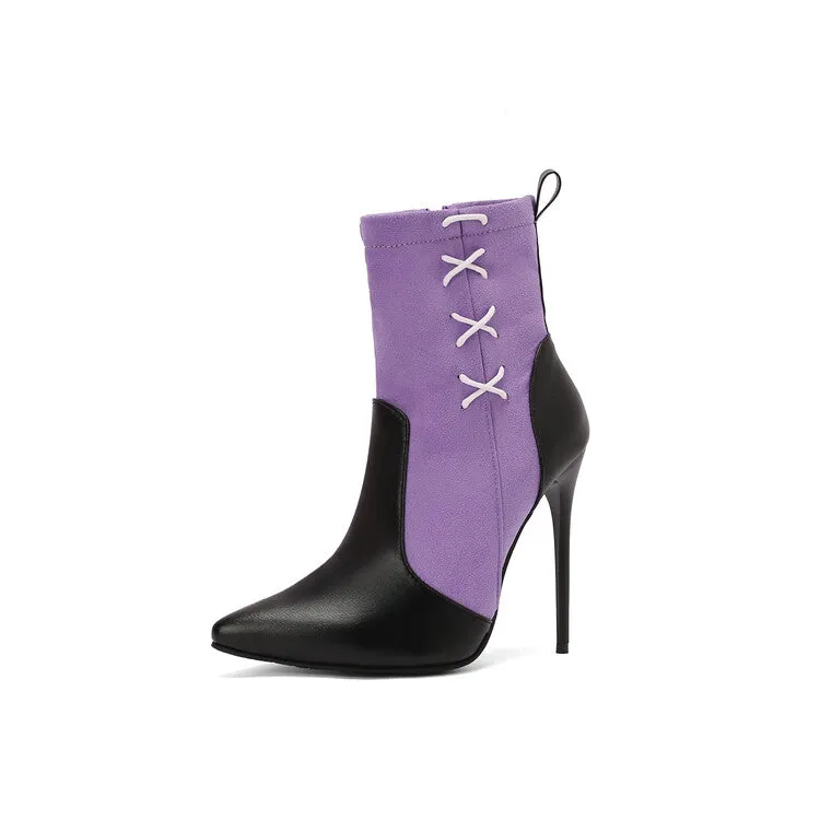 Women's Patchwork Pointed Toe Thin Heel Short Boots