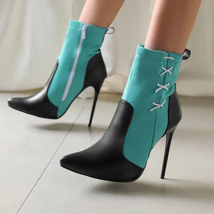 Women's Patchwork Pointed Toe Thin Heel Short Boots