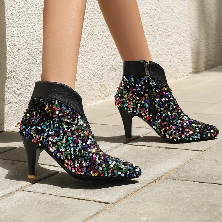 Women's Pointed Toe Sequins Cone High Heel Ankle Boots Wedding Bridal Shoes