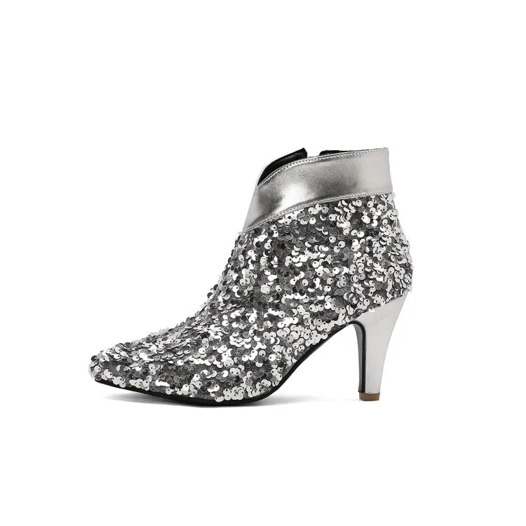 Women's Pointed Toe Sequins Cone High Heel Ankle Boots Wedding Bridal Shoes