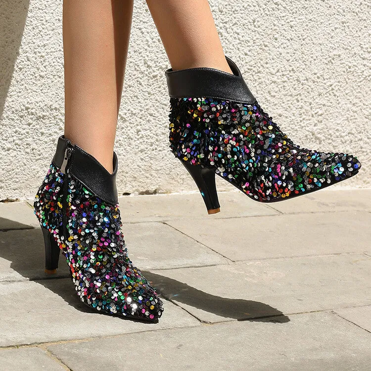 Women's Pointed Toe Sequins Cone High Heel Ankle Boots Wedding Bridal Shoes