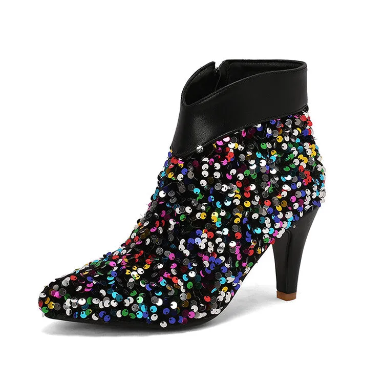 Women's Pointed Toe Sequins Cone High Heel Ankle Boots Wedding Bridal Shoes