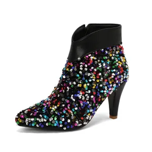 Women's Pointed Toe Sequins Cone High Heel Ankle Boots Wedding Bridal Shoes