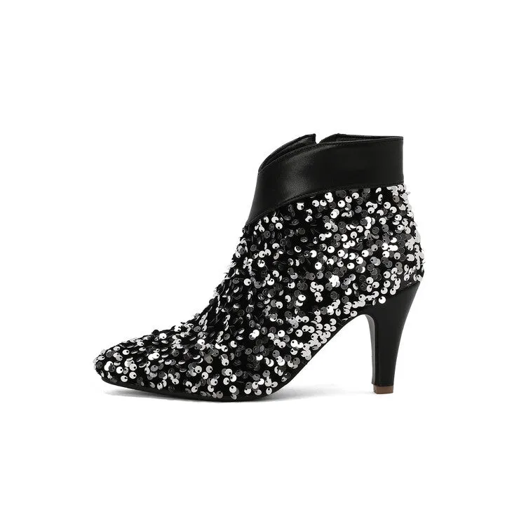 Women's Pointed Toe Sequins Cone High Heel Ankle Boots Wedding Bridal Shoes