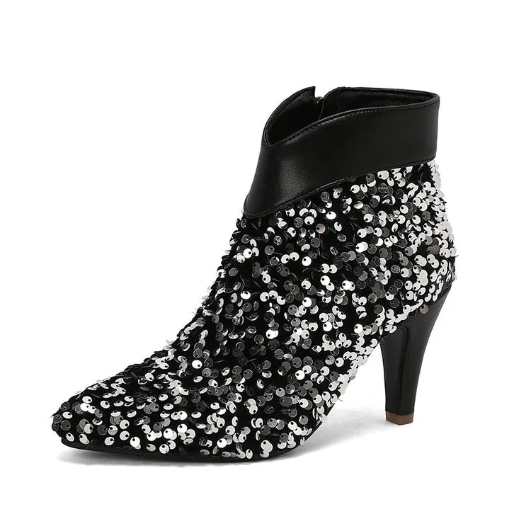 Women's Pointed Toe Sequins Cone High Heel Ankle Boots Wedding Bridal Shoes