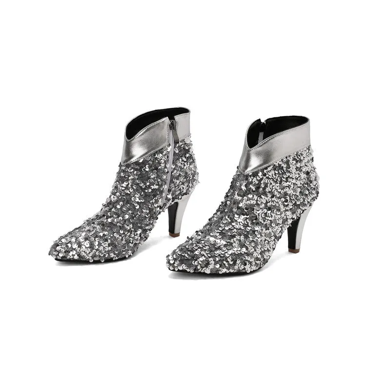 Women's Pointed Toe Sequins Cone High Heel Ankle Boots Wedding Bridal Shoes