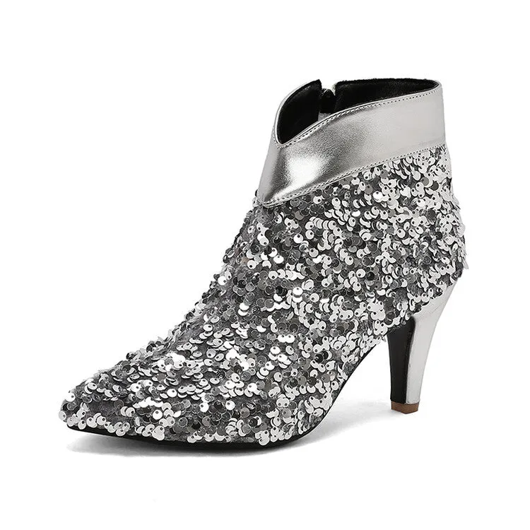 Women's Pointed Toe Sequins Cone High Heel Ankle Boots Wedding Bridal Shoes