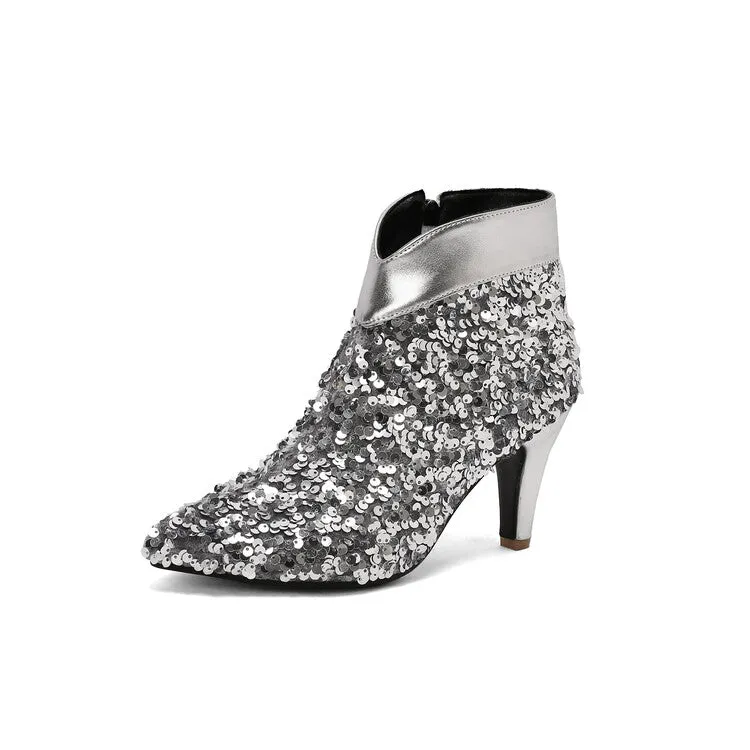 Women's Pointed Toe Sequins Cone High Heel Ankle Boots Wedding Bridal Shoes