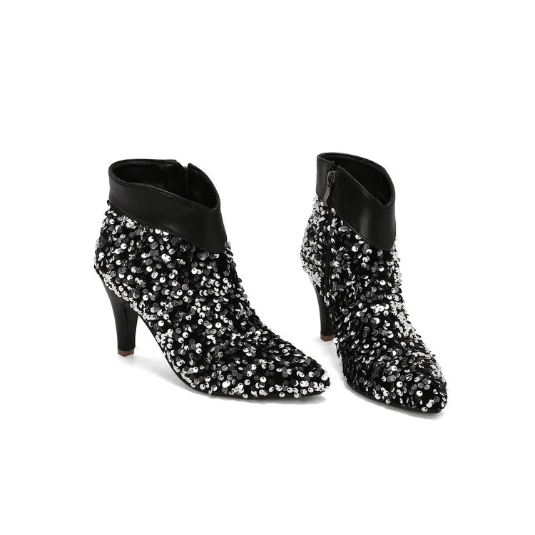 Women's Pointed Toe Sequins Cone High Heel Ankle Boots Wedding Bridal Shoes