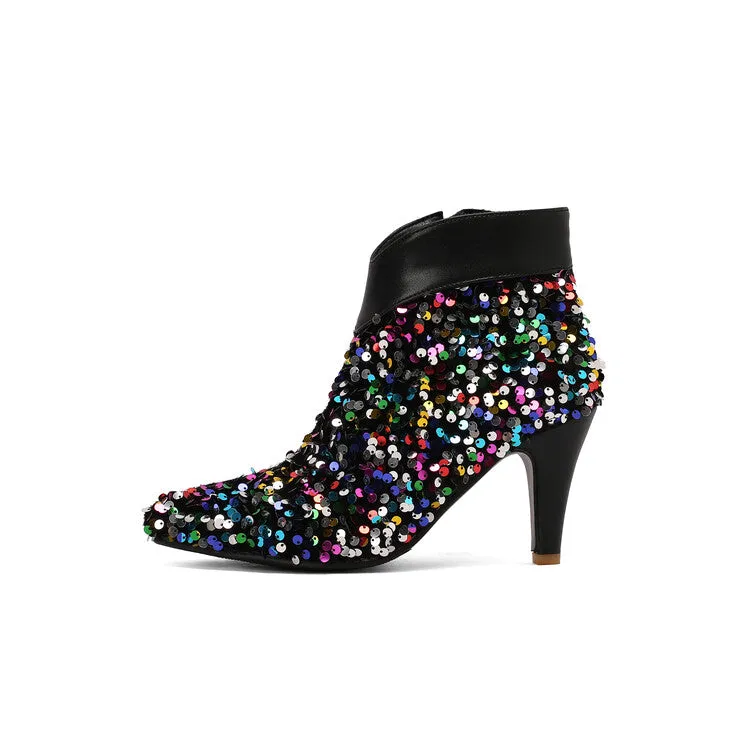 Women's Pointed Toe Sequins Cone High Heel Ankle Boots Wedding Bridal Shoes