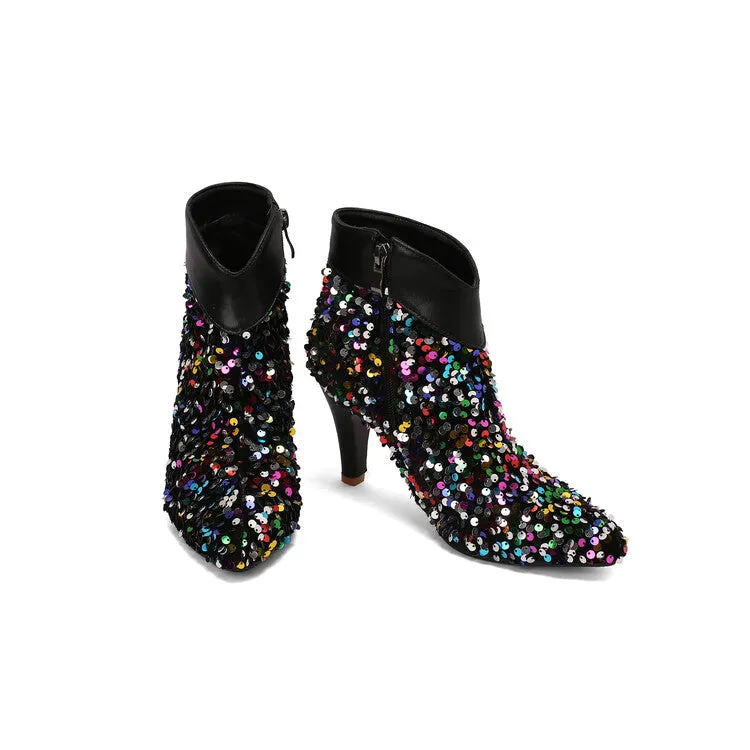 Women's Pointed Toe Sequins Cone High Heel Ankle Boots Wedding Bridal Shoes