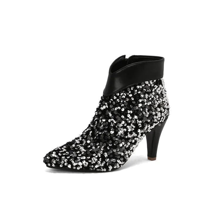 Women's Pointed Toe Sequins Cone High Heel Ankle Boots Wedding Bridal Shoes