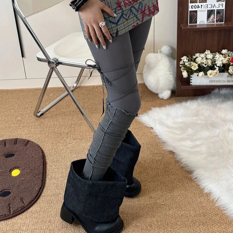 Women's Punk DIY Strappy Knee-High Ballet Socks – Y2K Lolita Gothic Japanese JK Mid Tube Stockings