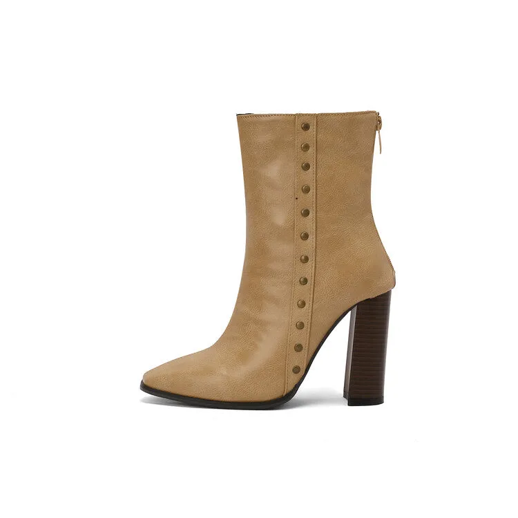 Women's Rivets Pointed Toe Block Heel Short Boots