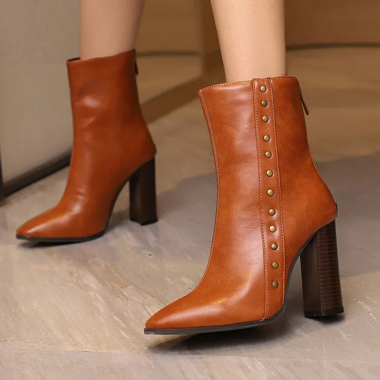 Women's Rivets Pointed Toe Block Heel Short Boots
