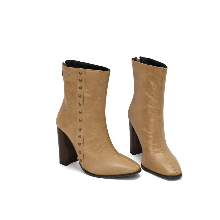Women's Rivets Pointed Toe Block Heel Short Boots