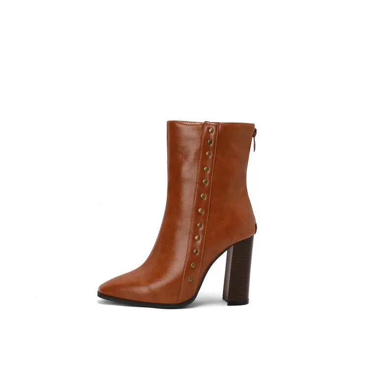 Women's Rivets Pointed Toe Block Heel Short Boots
