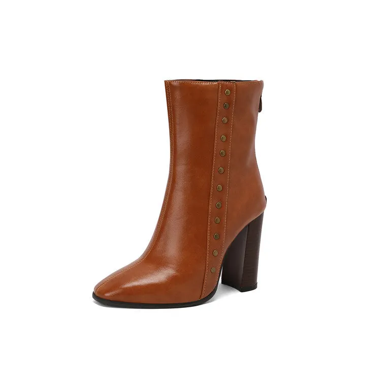 Women's Rivets Pointed Toe Block Heel Short Boots