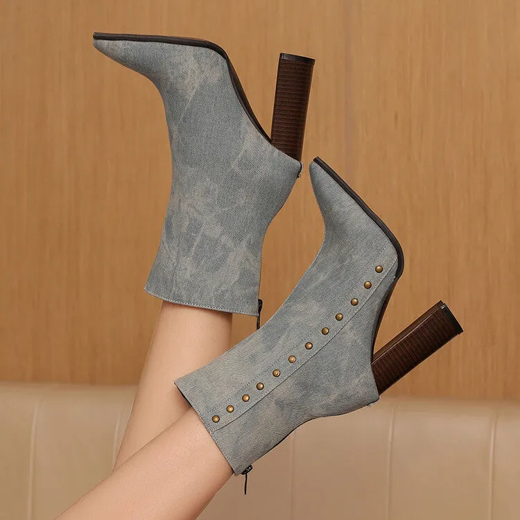 Women's Rivets Pointed Toe Block Heel Short Boots