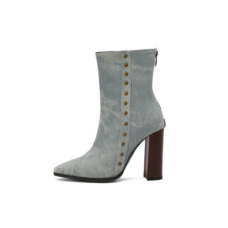 Women's Rivets Pointed Toe Block Heel Short Boots