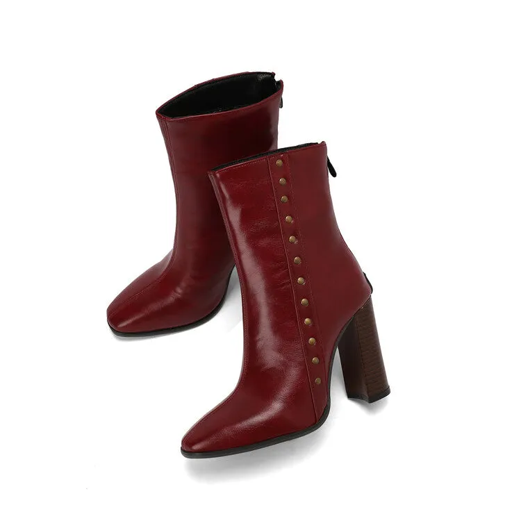 Women's Rivets Pointed Toe Block Heel Short Boots