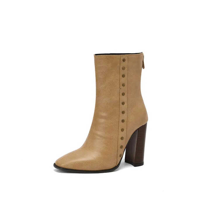 Women's Rivets Pointed Toe Block Heel Short Boots