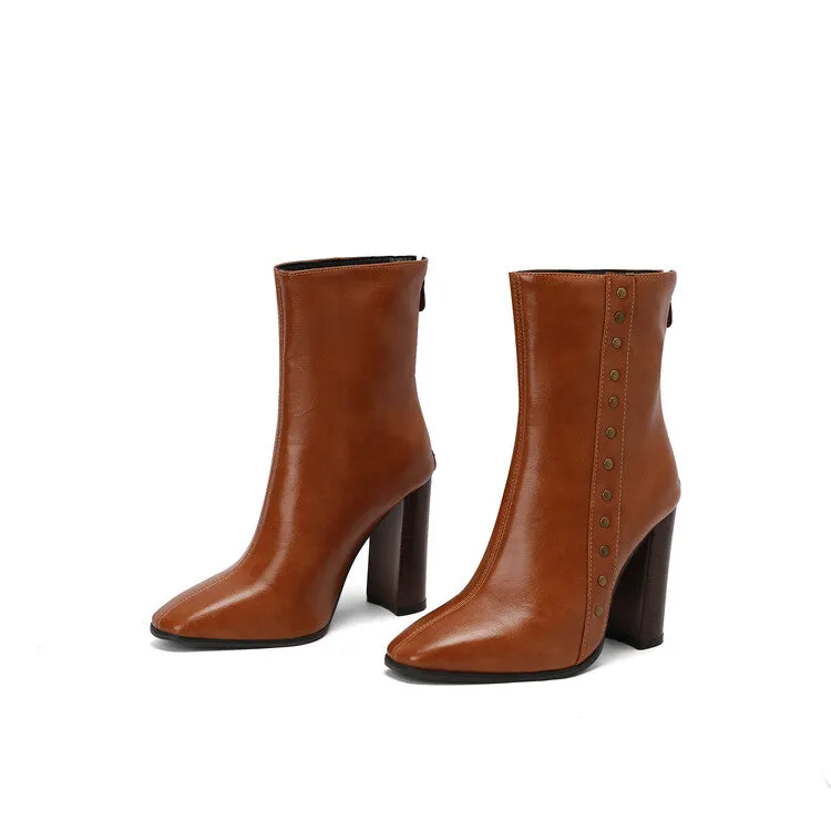 Women's Rivets Pointed Toe Block Heel Short Boots