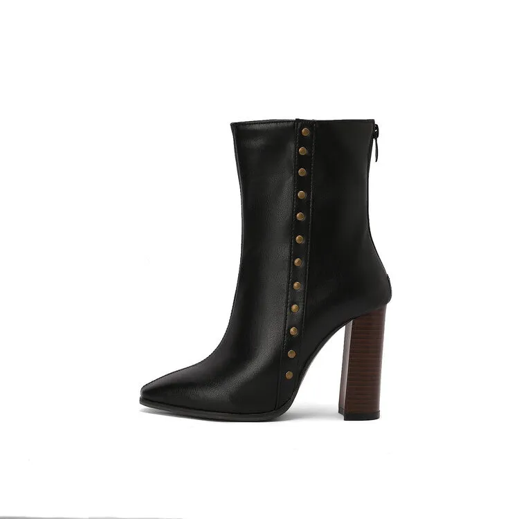 Women's Rivets Pointed Toe Block Heel Short Boots