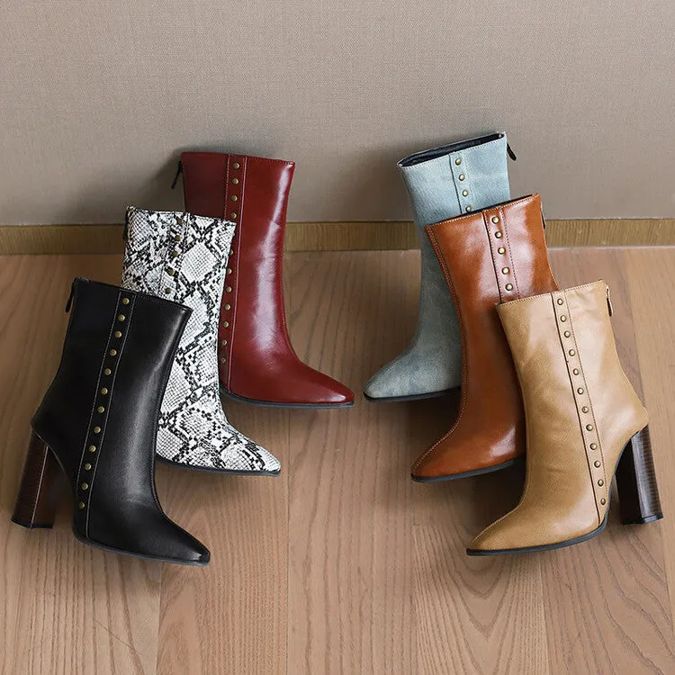 Women's Rivets Pointed Toe Block Heel Short Boots