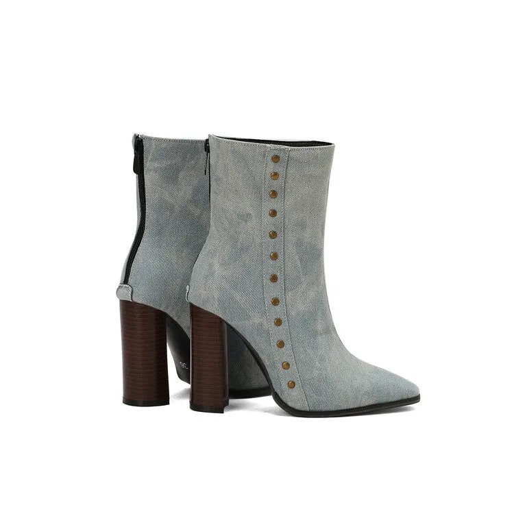 Women's Rivets Pointed Toe Block Heel Short Boots