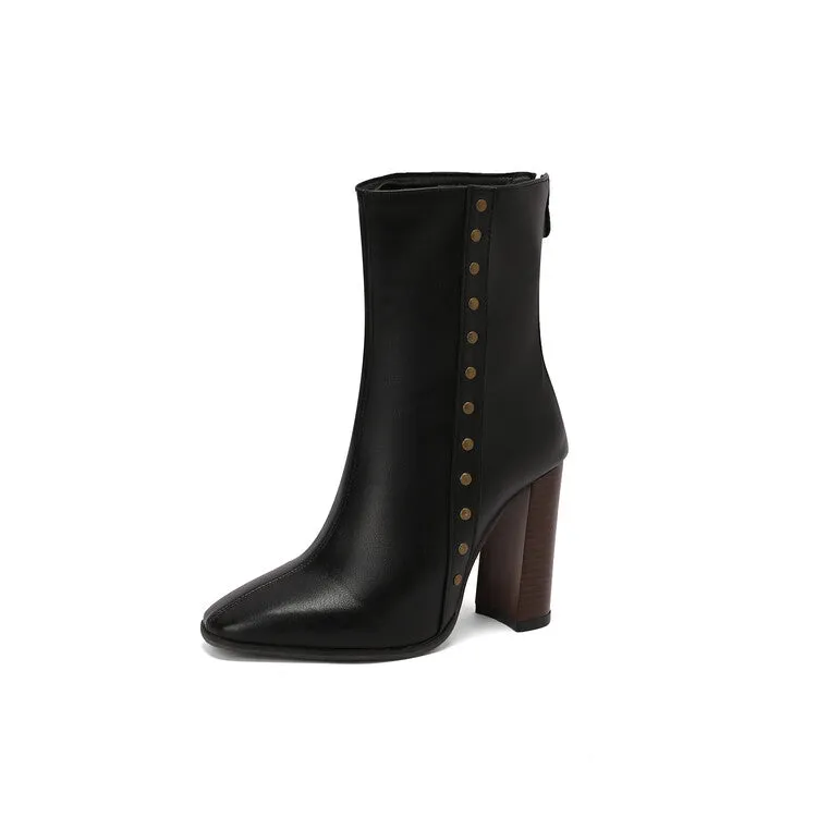 Women's Rivets Pointed Toe Block Heel Short Boots