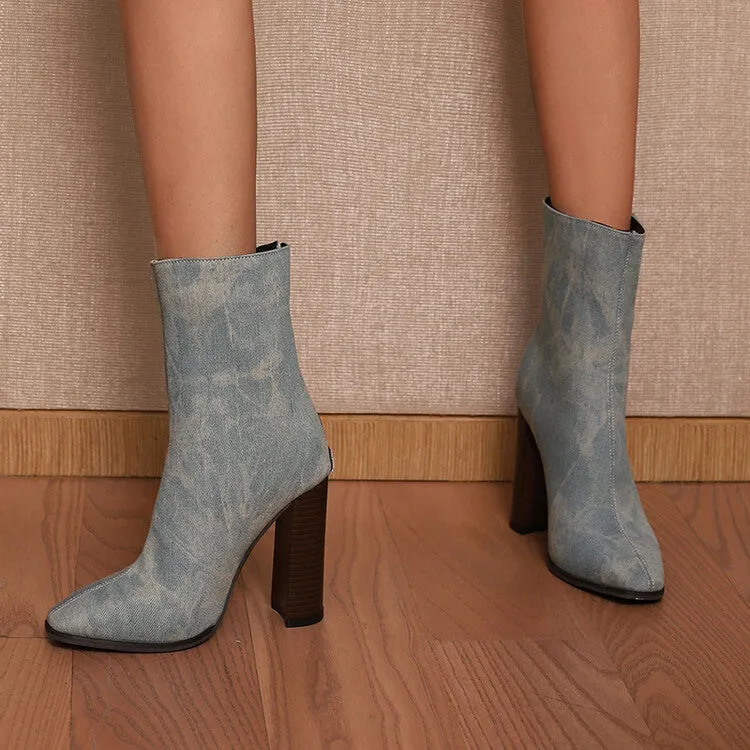 Women's Rivets Pointed Toe Block Heel Short Boots
