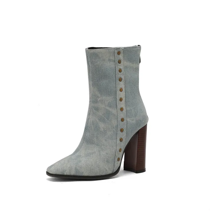 Women's Rivets Pointed Toe Block Heel Short Boots