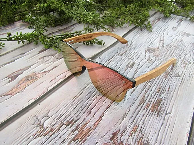 Wood Sunglasses for Men and Women, Flat One-Piece Wooden Polarized Sunglasses, Pink Mirror